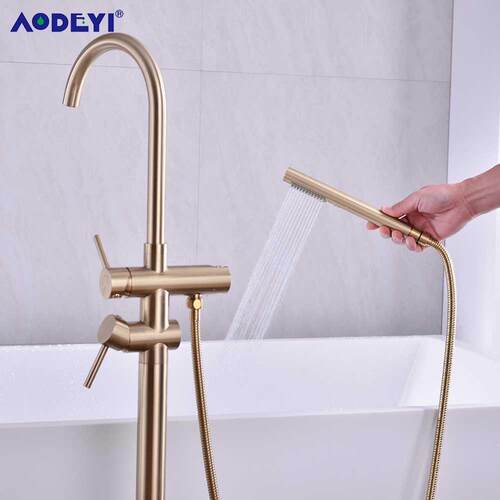 Brass Bathtub Floor Stand Faucet Tap Brushed Gold Mixer Taps