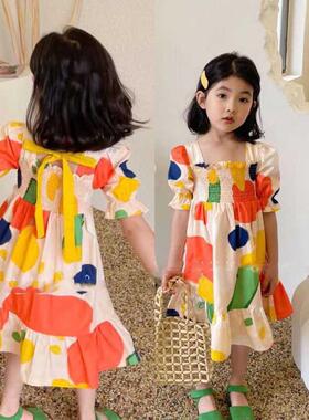 Summer Girls' Puff Sleeve Dress Back Bow Sweet Princess dres