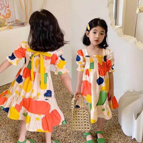 Summer Girls' Puff Sleeve Dress Back Bow Sweet Princess dres
