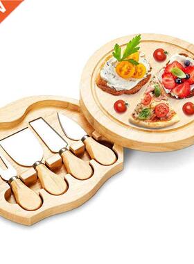 Rubber wood cheese board cheese pizza cutting plate set with