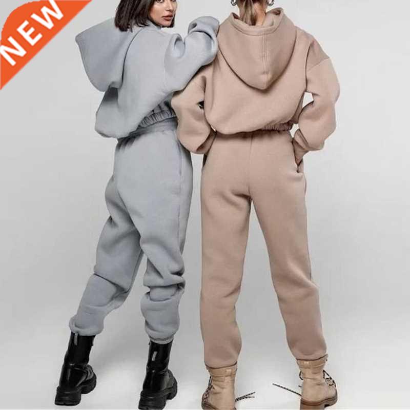 Women Basic Hoodie Tracksuit Drawstring Pant Suits Outerwear