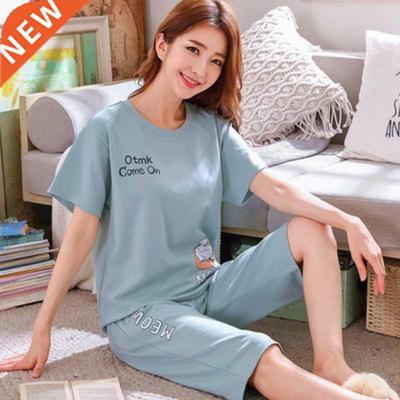 Summer Pajamas Girl's Cotton Short Sleeve Slim Sleepwear Lar