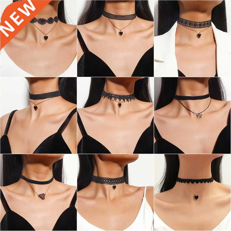 Sexy Black Lace Choker Goth Double Layers Love Heart Pendant