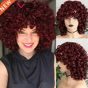 Afro Kinky Curly Wig With Bangs Black Red Synthetic Hair