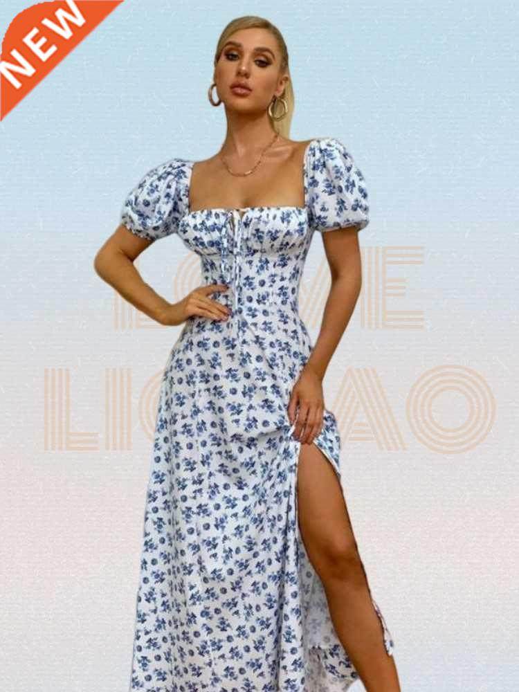 Ditsy Floral Print Puff Sleeve Tie Front High Split Dress Wo