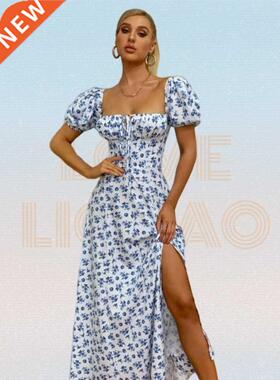 Ditsy Floral Print Puff Sleeve Tie Front High Split Dress Wo