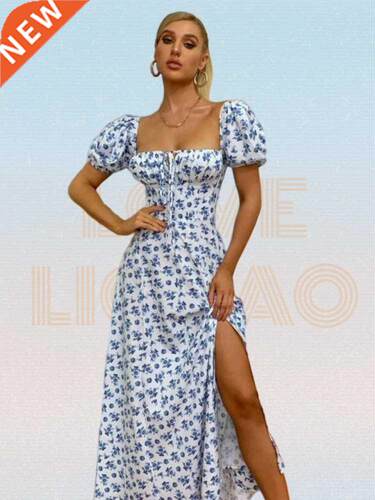 Ditsy Floral Print Puff Sleeve Tie Front High Split Dress Wo