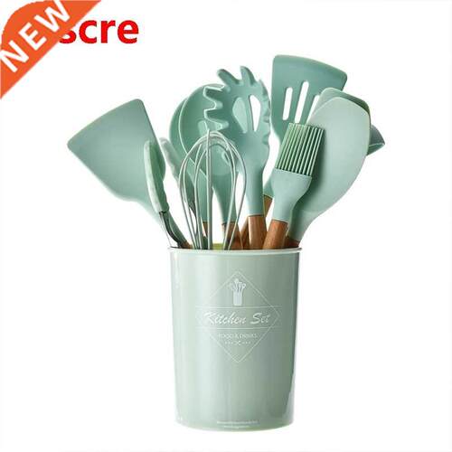 Silicone Cooking Kitchen Utensils Set Wooden Handle Cooking