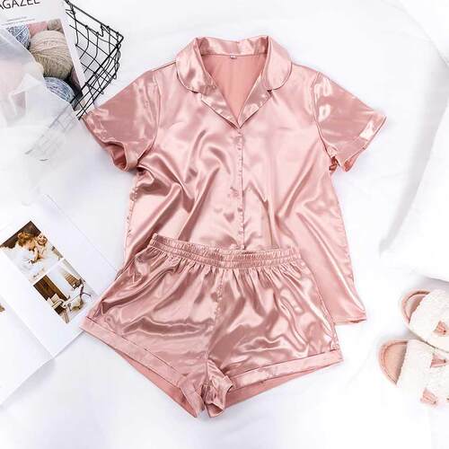 Women Sleepwear Summer Pajama Set Pink Turn Down Collar Faux