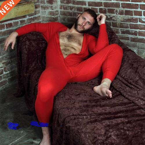 Men Underwear Solid Color Long Sleeve Button Pajamas Jumpsui