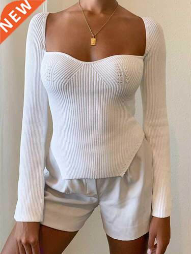 Square Collar Long Sleeve Woman Sweaters Knitted Pullover Wo