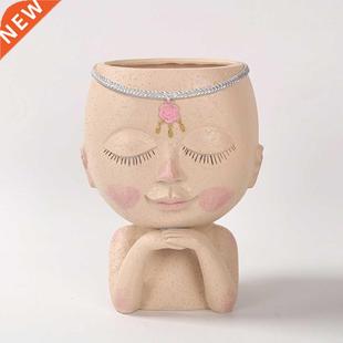 Cute Head Face Girl Desktop Flower Pot Figurine Home Resin