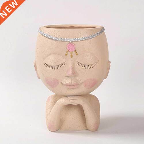 Cute Girl Face Head Figurine Resin Flower Pot Home Desktop S