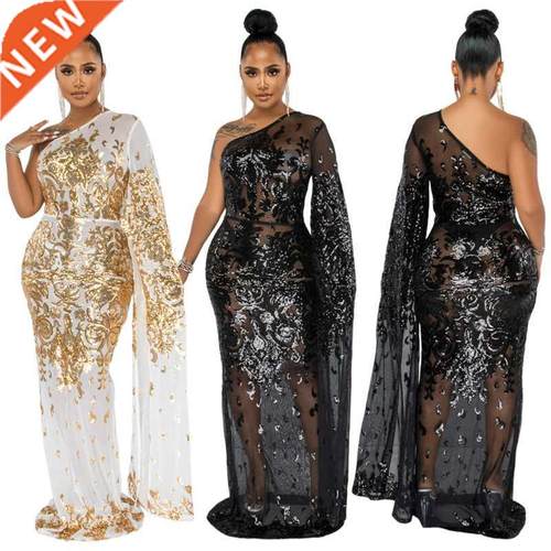 S-3xl Large sexy mesh diagonal shoulder evening dress大码裙