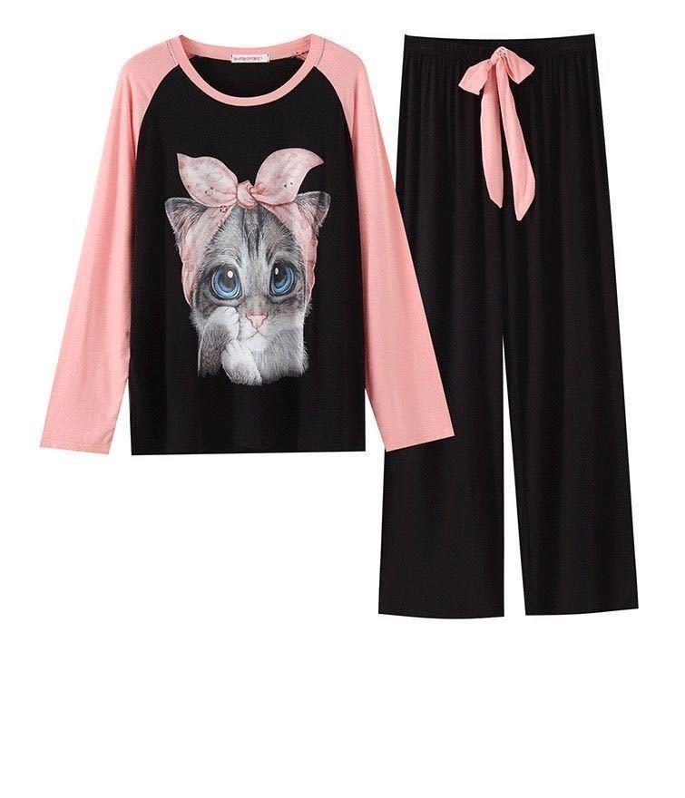 Pajama Sets for Women Cartoon Printed Long Sleeve O-neck Kor