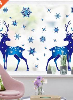 Christmas New Year Sticker on Window Blue Elk Snowflake Stic