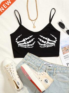 Black Goth Skeleton Print Spaghetti rap Crop Top Women Y2K