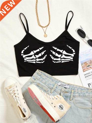 Black Goth Skeleton Print Spaghetti rap Crop Top Women Y2K