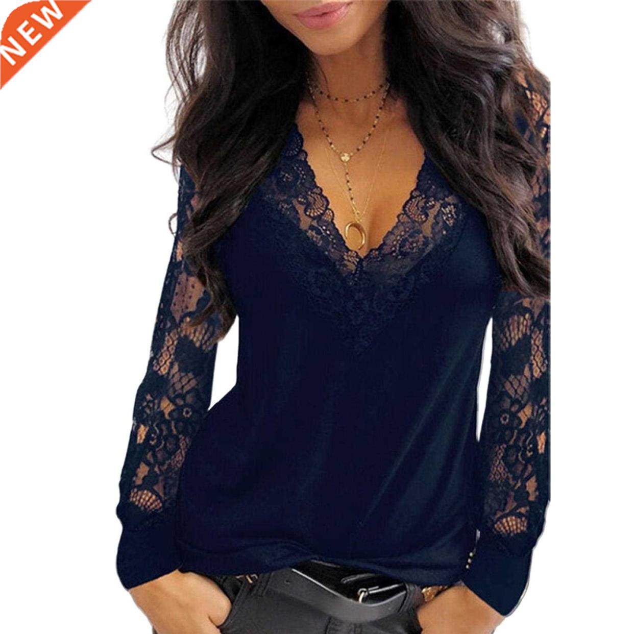 Plus Size Sexy Blouse Women Deep V Neck Lace Trim See Throug