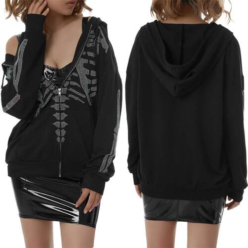 Women's Sweatshirt Loose Style Hooded Jacket,Letters Rhinest
