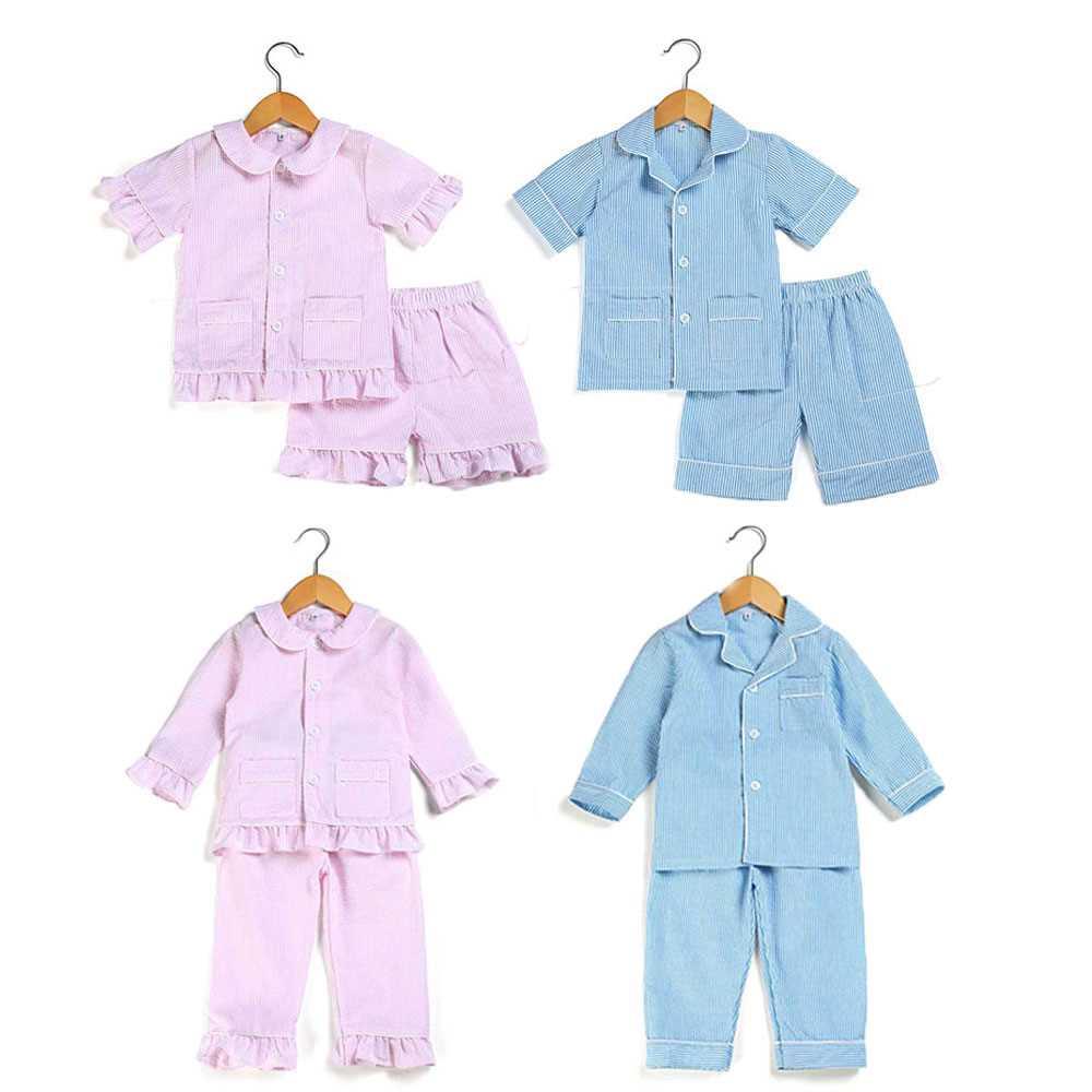 summer spring kids pajamas sets 100% cotton seersucker pjs t