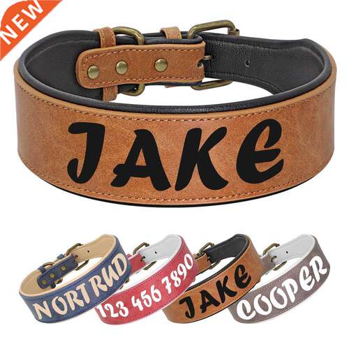 Personalized Leather Dog Collar Necklace Wide Padded Pet ID