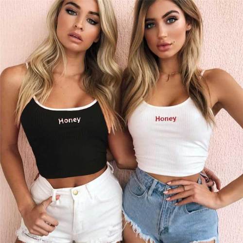 Sexy Women Crop Top Summer Honey Letter Embroiy Strap Ta