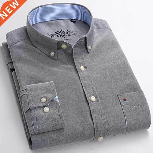 Men's Fashion Long Sleeve Solid Oxford Shirt Single Patc