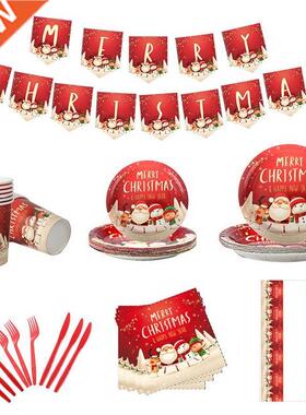 Christmas Paper Tableware Set Xmas Tablecloth Plates Napkins