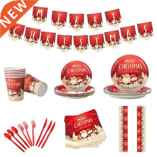 Christmas Paper Tableware Set Xmas Tablecloth Plates Napkins