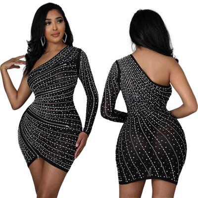 2022 New nightclub diamond-studded irregular hip wrap dress