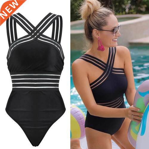 Sexy Black Striped One Piece Bikini Women's Bandage