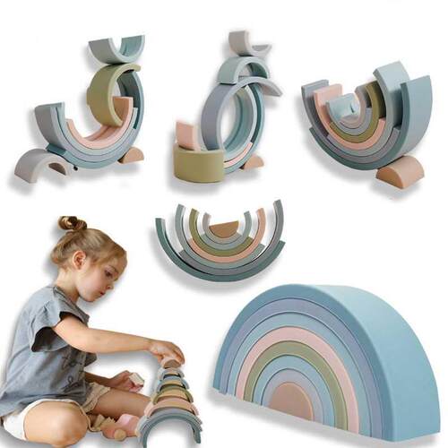 Baby Food Grade Silicone Toy Montessori Rainbow Building Blo