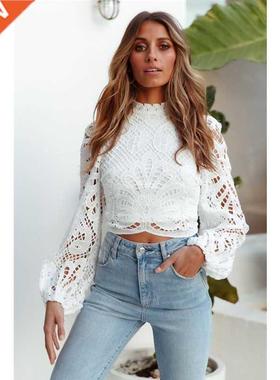 Women Tops and Blouses Long Sleeve Flower Lace Tops Casual C