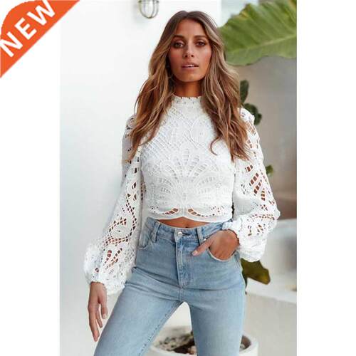 Women Tops and Blouses Long Sleeve Flower Lace Tops Casual C