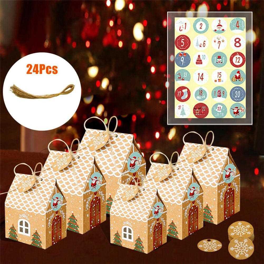 24Pcs Christmas House Packaging Box Candy Gift Bags With Rop