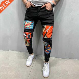 2021 New Fashion Mens Jeans Stch Skinny Patchwork Cartoons P