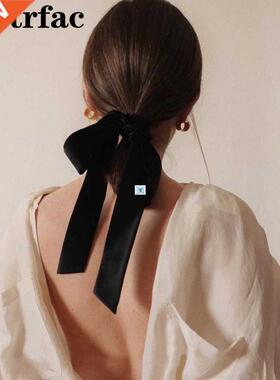 Vintge Blck Velvet Bow Hir Ribbon Scrunchie for