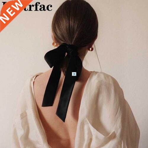 Vintge Blck Velvet Bow Hir Ribbon Scrunchie for