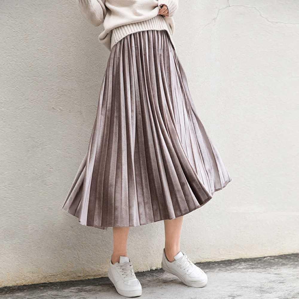 Spring 2020 Women Long Metallic Silver Maxi Pleated Skirt Mi