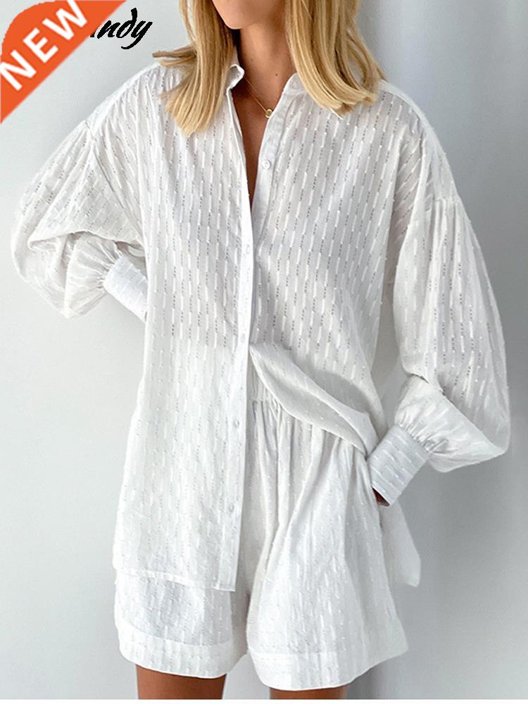 White Elegant Jacquard Fabric Soft Vacation Suits Women Long