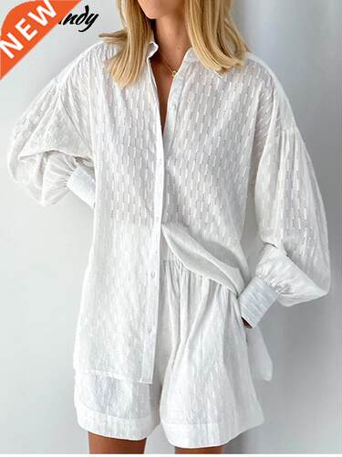 White Elegant Jacquard Fabric Soft Vacation Suits Women Long