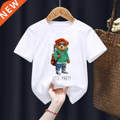 Funny Bear Riding Motorcycle Print Boy Girl White T-shirt Ki