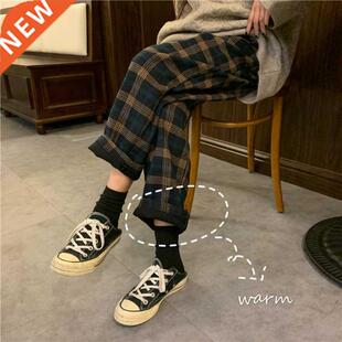 Fashion Autumn Winter Fleece Plaid Pants Women Thick Trouser
