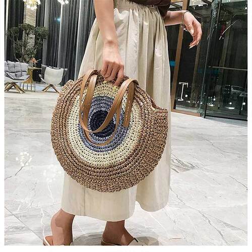 Large Capacity Round Zipper Fashionable Straw Woven Bag Hand
