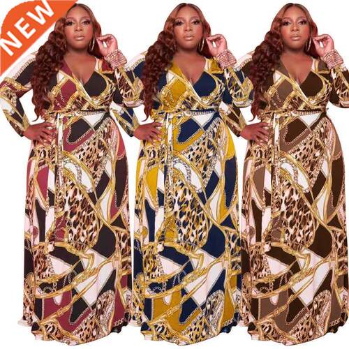2022秋冬新款V领弹力针织大码女装连衣裙Plus-size printed dress