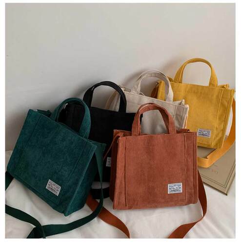 Women Corduroy Zipper Shoulder Bag Small Cotton Handbag Cas