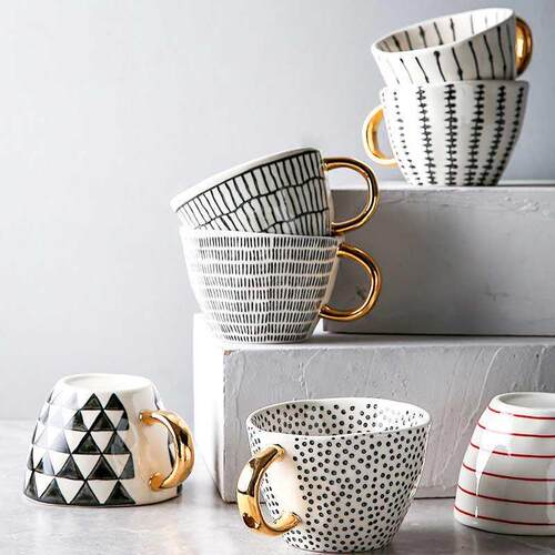 Hand Painted Geometric Ceramic Mugs With Gold Handle Handmad