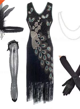 1920s Sequin Beaded Fringed Great Gatsby Dress Accessories