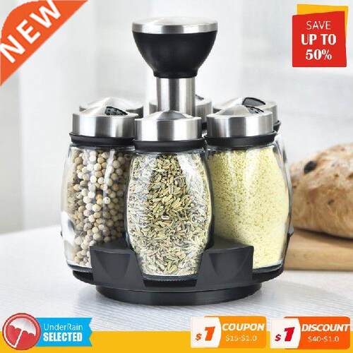 Stainless Steel Rotary Seasoning Jar Set Box Kitchen Salt